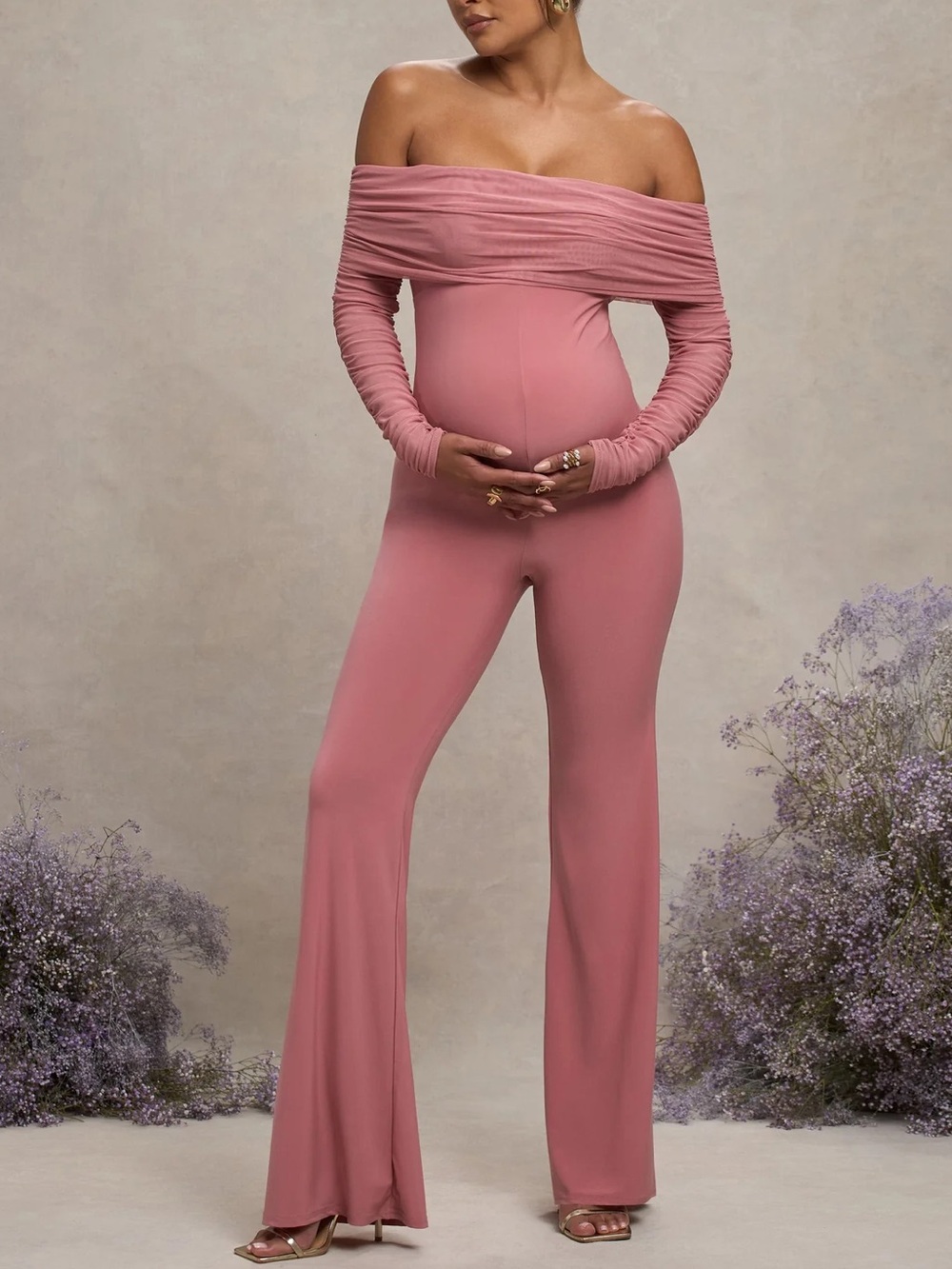 Club L London Count Down Maternity Ruched Mesh Bardot Jumpsuit